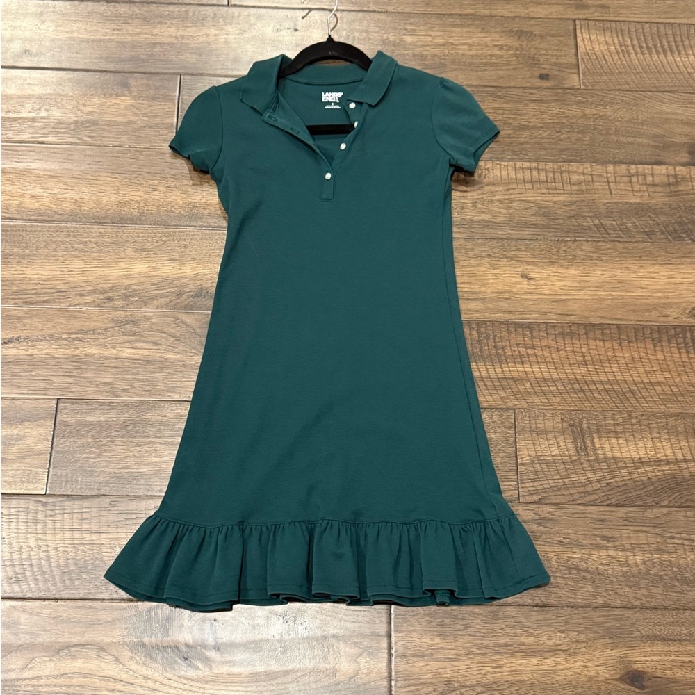 Lands’ End Girls’ Evergreen Polo Dress with Ruffle Hem, Size 8